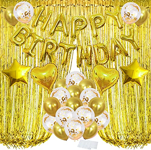 ZERODECO Geburtstagsfeier Dekoration, Gold Happy Birthday Buchstaben Ballons Folienvorhänge Mylarfolie Stern und Herzform Ballons Konfetti Luftballons - Perfekte Geburtstags Party Deko Zubehör