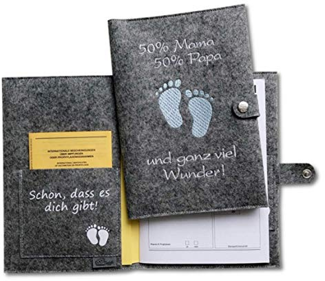 u heft hülle und impfpass 50% Mama mit extra Fächer und Lasche mit Druckknopf aus 100% Wollfilz - grau meliert blau