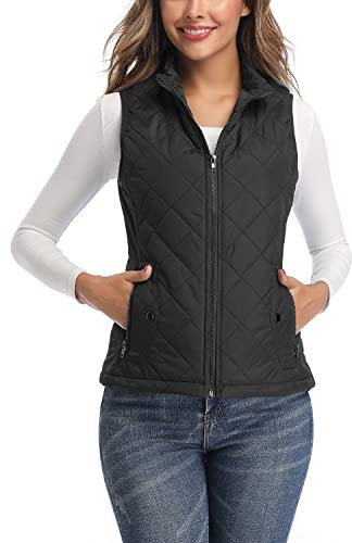 LONGKING Damen Weste Steppweste Damen Leicht Stehkragen Weste Steppweste mit Reißverschluss Ärmellose Oberteile Tops Coat Jacke Outdoor Schwarz L