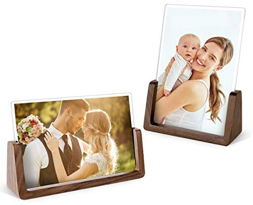 MEKO 2er Set Holz Bilderrahmen, Fotorahme Portraitrahmen mit Walnussholzboden und transparenten Acrylrahmenabdeckungen für Schreibtischplatte im Haus/Büro (Horizontal + Vertikal) (10 x 15 cm)