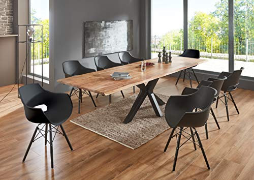 SAM 9tlg. 200 (300) x 100 cm Spencer, Akazienholz naturfarben & massiv, Baumkantentisch mit 2 Ansteckplatten, Spider-Gestell schwarz + 8X Schalenstuhl Lea schwarz
