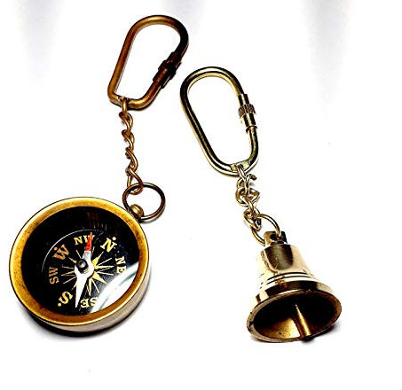 Ganga Nautical Ghanti latón dorado latón campana llavero colgante día de San Valentín regalos latón brújula náutica estilo mar 4.4 cm en diámetro pulgadas