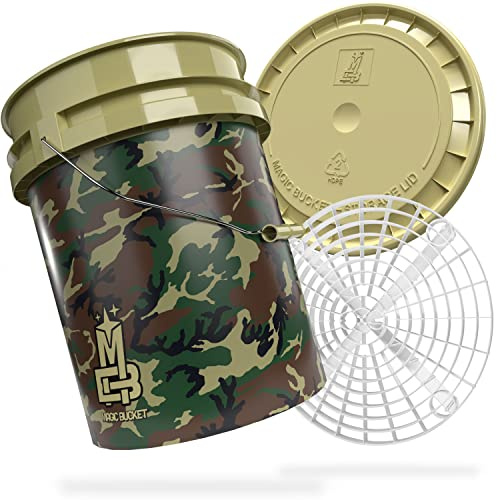 MAGIC BUCKET | Hand Wash for Car | Wash Bucket with Matching Lid 5 US Balloons Approx 20 Litres | With Grit Guard Bucket | Camouflage Green/White Wash Kit