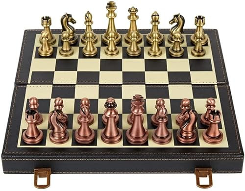 YMXWFC Schach High-End-Schach Schachfiguren aus massivem Messing, faltbar, tragbar, aus Holz, Leder, Schachspiel, gutes Geschenk, Erwachsene, Studenten, Schachbrett