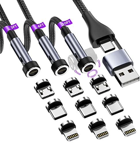 Magnetisches Ladekabel mit 360°- und 180°-Drehung, magnetisches 5-in-1 | Handy-Ladekabel, 3er-Pack [3ft/6ft/10ft], unterstützt Datenübertragung für iPhone/Micro-USB/Typ C – Schwarz