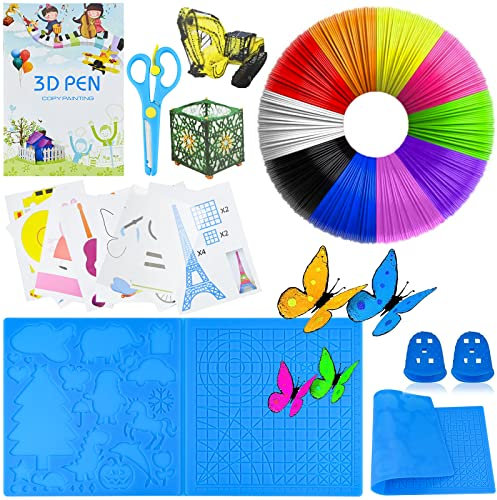 3D Stift Zubehör Set, 3D Stift Filament PLA 10 Farbe 1,75mm je 5M, 3D stift Vorlage, GroßEs Silikonpad 41.2 * 20.3cm mit 2 Fingerschutz und Schere, zubehör 3d stift für Anfänger