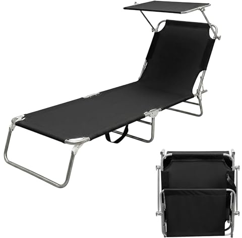 Spetebo 3-Bein Gartenliege klappbar - schwarz/mit Sonnendach - Relax Sonnenliege mit 4-Fach verstellbarem Rückenteil - Liege für Camping Garten Pool Spa Wellness mit Tragegurten