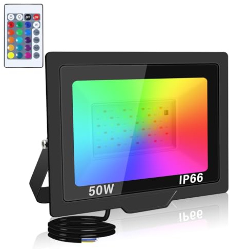 SKYWORLD 1 pezzi 50W Faretti RGB da Esterno,Impermeabile Faretti Led Colorati da Esterno con Telecomando,Proiettori Faretti Cambio Colore RGB Modalità di Strobo per Vacanze Feste Halloween
