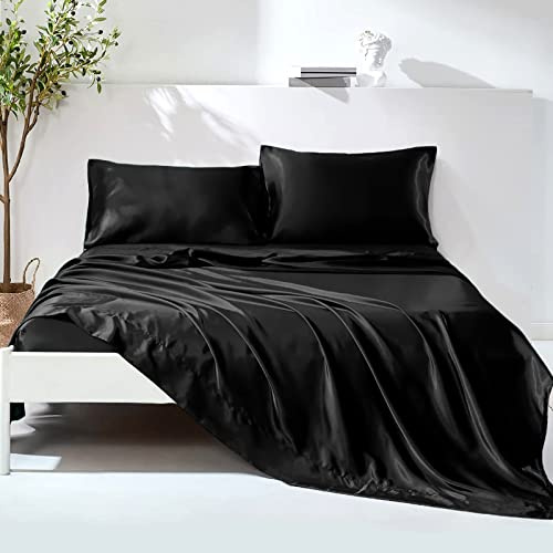 Wotcsil Juego de Sabanas de Cama 150 Raso Satín Negro con Sábana Bajera Ajustable Satín 135x190cm Sábana Encimera Funda de Almohada de Satén Poliéster 4 Piezas para Colchón de hasta 36cm