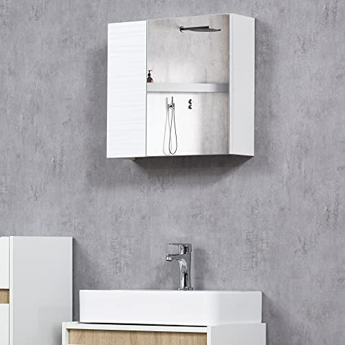 kleankin Spiegelschrank, Badschrank mit Doppeltür, Badezimmerschrank mit Verstellbaren Einlegeböden, Wandschrank fürs Bad, 48 x 15 x 45 cm Weiß