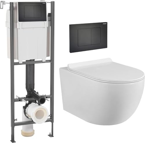 Coribi - Inodoro suspendido completo - Cerámica - Sin bridas - Blanco mate - Soft-close - Cisterna empotrada CHRONO - Pulsador negro - Tapa extra fina - Diseño elegante y moderno