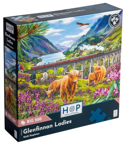 The House of Puzzles Glenfinnan Ladies, Big 500 Piece Jigsaw | Extra Large Pieces, Artist Illustrated, Scenic Landscape, Deluxe Puzzle Gift for Adults