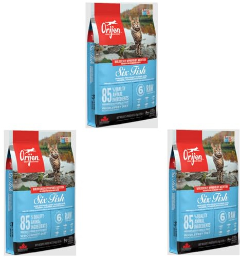 Orijen Cat Six Fish | Confezione Tripla | 3 x 340 g | Alimento completo per gatti adulti | 85% di ingredienti animali di alta qualità | Pesce, interiora, ossa | Gusto naturale