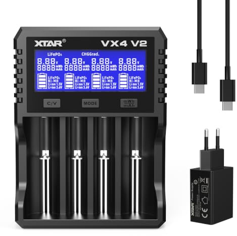 XTAR VX4 V2 Sichtbarer Mischer 1,5V/3,6V/3,7V Li-Ion 3,2V LiFePO4 1,2V NI-MH Batterien Ladegerät und Batteriekapazitätsprüfer, Der erste Kapazitätsprüfer für 1,5V Lithium-Batterien