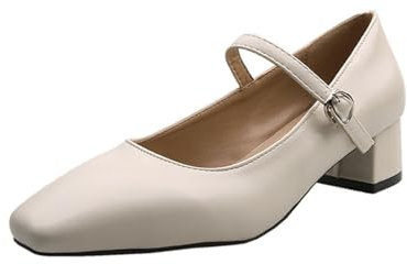 MVNB Womens Mid Block Heels Mary Jane Ankle Strap Court Shoes Ladies Comfort Support Work Pumps Formal Low Heeled Strappy Slip On Wide Fit Extra Wide Fitting Width Light Shoes (Beige, 6)