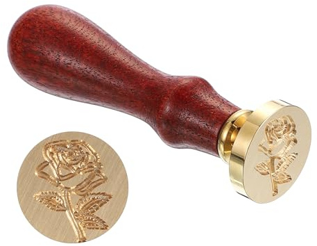 PATIKIL Siegelstempel Personalisiert, Rose mit Blatt, Blumen Siegellackstempel Klassisch Retro Abnehmbarer Messingkopf Holzgriff für Umschlag Einladungskarten, Braun