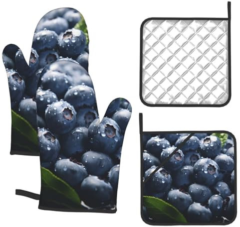 Delicious Blueberry Lot de 4 gants de cuisine et maniques antidérapants résistants à la chaleur de 260 °C avec supports de poêle pour cuisson et grillades