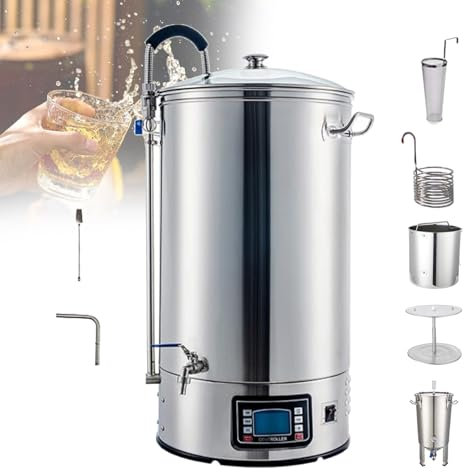 Sistema di preparazione della birra domestica intelligente da 40 litri con pompa e display LCD - Bollitore for la preparazione all-in-one da 10,5 galloni | Riscaldamento da 2500 W, 7 fasi programmabil