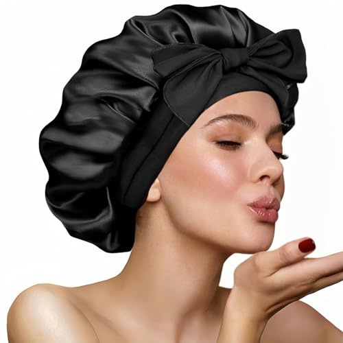 1 Stück Schlafmütze Satin Bonnet seidenhaube zum schlafen Nacht Schlaf Mütze Verstellbare Schlafkappe Kopfbedeckung Weiche Kopfhaube Schlafhaube Seide mit Gummizug für Damen und Mädchen(Schwarz)