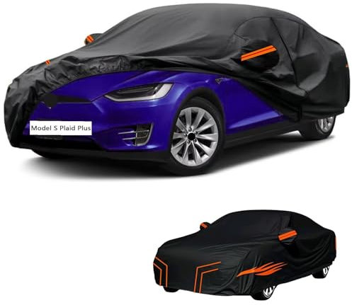 generisch Auto abdeckplane kompatibel mit Tesla Model S Plaid Plus 2021,Wasserdicht, Sonnen- und schneefest, für alle Jahreszeiten geeignet autoabdeckung （Black Orange）