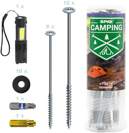 SPAX Kit de Camping - 18 vis de Tente, 2 Embouts, 18 rondelles et Lampe de Poche, piquets à Visser pour Fixer la Tente, Le Store, la Voile, Le pavillon – 8000000294600