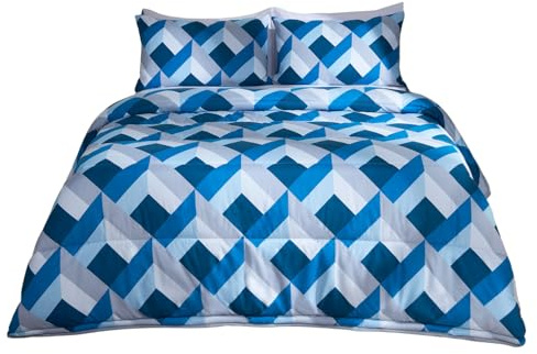 OHS Double Duvet 10.5 Tog Coverless, Soft Warm Microfibre Fabric Comfortable For All Season Geo Pattern Washable Double Bed Duvet & 2 Pillowcases, Navy