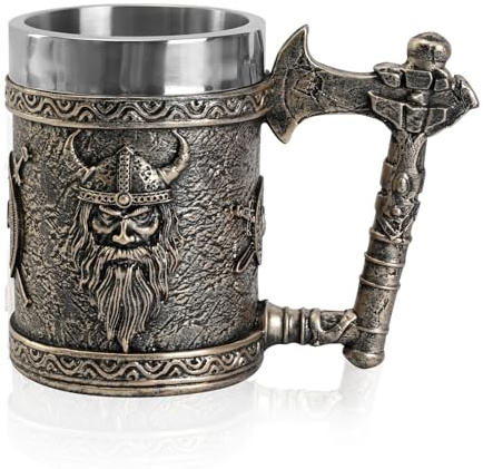 JUMRHFAN Viking Tankard 600 Ml Beer Mug with Handles Stainless Steel Mug Viking Gifts for Men Suitable for Party,Birthday, Father‘Day and Festivals (Style-3)
