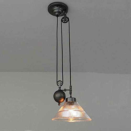 LAUMZX Lámpara Colgante Industrial con polea, Estilo Steampunk Vintage, Ajustable, con Pantalla de Vidrio Acanalado, Ideal para Cocina, Isla, Bar, Comedor, Loft.