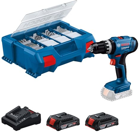 Bosch Professional 18V System Akku Schlagbohrschrauber GSB 18V-25 (max. Schrauben-Ø: 10 mm, inkl. 2x GBA 2.0 Ah, GAL 18V-20, 63-tlg. Zubehör-Set, L-Case Pick & Click)