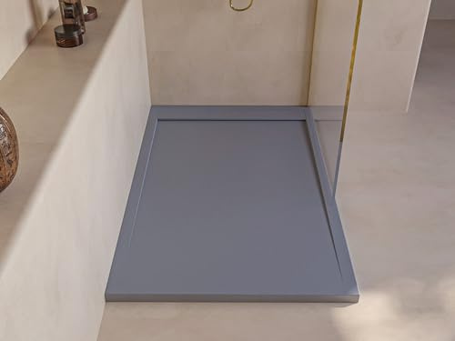 SOULBATH Plato de Ducha - Resina - Gel Coat - Textura Liso/Piedra - Antideslizante - Color Gris - 180x90- Extraplano 3cm. Incluye Válvula de desagüe - Diseño Minimalista