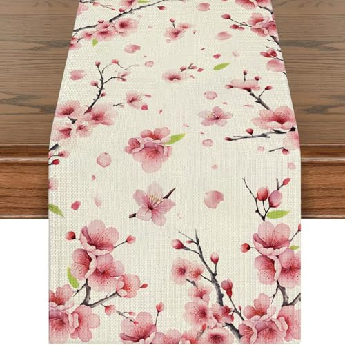 Kirschblüten Tischläufer, Frühlings Blumen Tischdecke, Sommer Küche Wohnzimmer Waschbar Esstisch Deko für Hochzeit Verlobung Muttertag Geburtstag Brautparty Babyparty 40x140 cm, Rosa