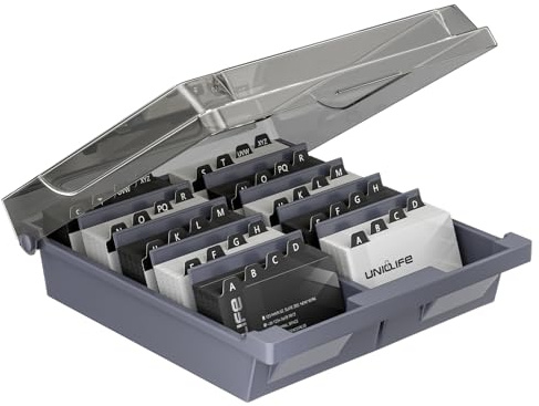Uniclife Business Card Holder for Desk, Large Plastic Business Card Organizer Business Card Box with Lid Dividers & A-Z Index Tabs, Desktop Index Card Holder Name Card Storage Box, 1,000 Card Capacity