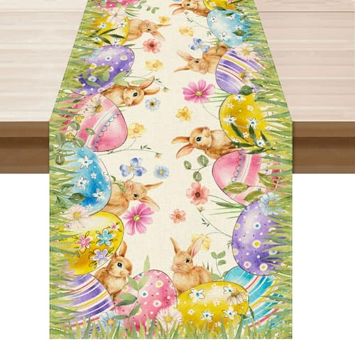 XCHI Watercolor Grass Eggs Bunny Flowers Rabbits Easter Table Runner Table Decoration for Party Home Kitchen Dining Holiday Decor 13x72 Inch