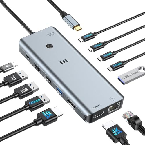 Selore - Estación de acoplamiento USB C para monitor dual 2 HDMI, 13 en 1 para portátil con HDMI dual 4K a 60Hz, 100W PD, 8 puertos de datos USB-C/A, Gigabit Ethernet, adaptador multipuerto para
