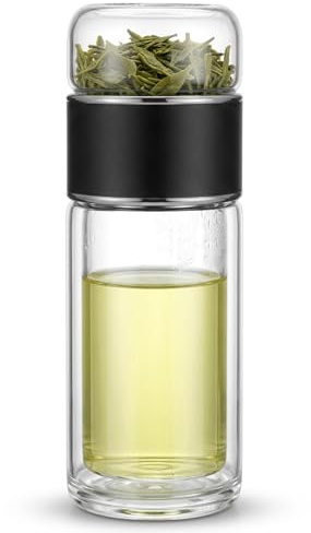 DAGLLGEW Bouteilles d'eau en Verre, Bouteille de thé isolée de 350 ML avec Filtre en Acier Inoxydable et Couvercle Anti-Fuite, Bouteille infuseur à thé en Verre réutilisable pour infuseur Boisson