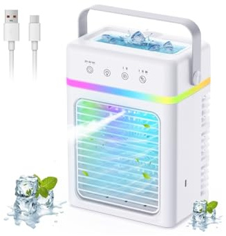 Aire Acondicionado Portatil de 900ML – Mini Enfriador de Aire con Depósito Antiderrames, 3 Intensidades y 3 Modos de Nebulización, Timer 2/4/6H, Luz RGB, USB 10W – para Dormitorio y Espacios Pequeños