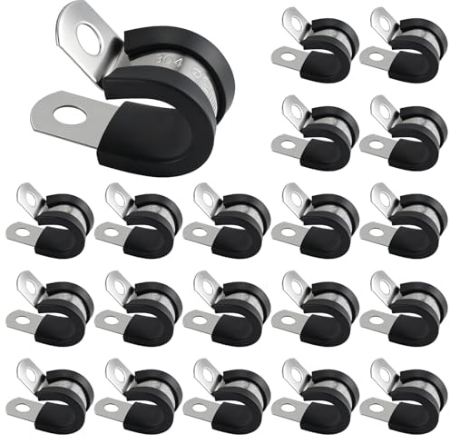 20PCS Stainless Steel Rubber Lined P Clips, R Shape Hose Pipe Clamps | Rubber Cushioned Pipe Clips, Metal Wire Cable Clamps, Conduit Fixing Clip for Hose, Pipe, Cable, Wire, Tube, Cord Mounting