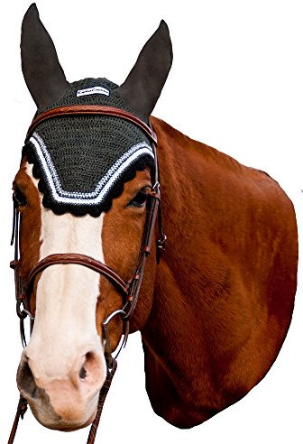 Equine Couture Fliegenhaube mit silberfarbenem Lurex und Kontrastfarbe – Pony-Farbe – Dunkelanthrazit/Schwarz, Größe – Cob