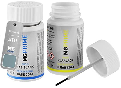MG PRIME Autolack Lackstift für Opel ATU / 21Y Iceberg Mica + Klarlack | Eisbergblau Metallic, Set aus Basislack + Klarlack, Lackfläschchen mit Pinsel, je 50ml
