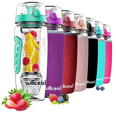 willceal Wasserflasche Mit Fruchteinsatz 945 ml Durable mit abnehmbarem Eisgel-Ball, groß - BPA-freies Tritan, Flip-Deckel, dichtes Design - Sport, Camping (Als)
