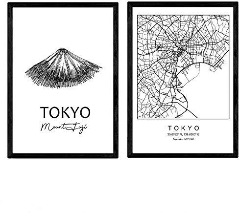 Nacnic set 2 Stampe artistiche cartina geografica della città di Tokyo, isola giapponese. Mappa della città dell'arte, stile nordico in bianco e nero.