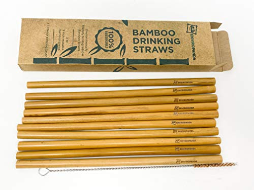 10 9 EnviroPanda Bamboo Drinking Straws with 1 Coconut Bristle Cleaning Brush - Reusable Organic Sustainable Biodegradable - 100% Natural Eco-Friendly – Plastic Free – No Ink or Dye
