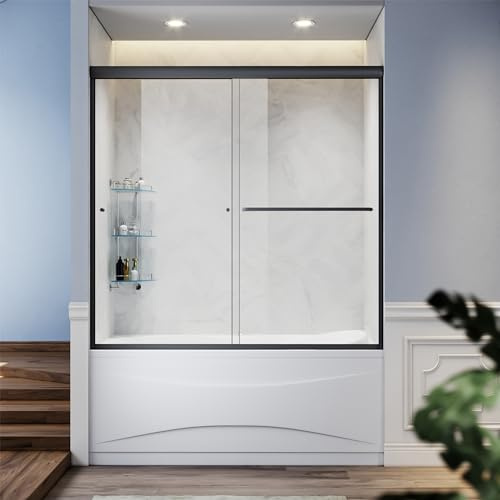 SUNNY SHOWER Bathtub Shower Door Glass Sliding Tub Door Semi-Frameless 1/4 Clear Glass Shower Enclosure Doors for Bathroom, Black Finish 58.5-60 in.W x 57.4 in.H