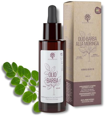 RedMoringa Olio Barba Uomo Idrata e Nutre barba e pelle - 99% Naturale - Con Moringa, Olio di Argan, Jojoba e Macadamia - 30ml - Made in Italy
