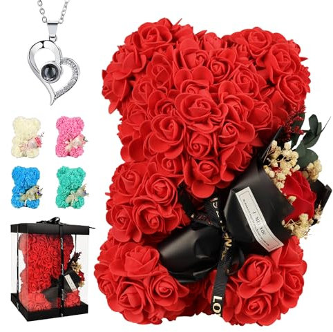 Birthday Gifts for Women, Rose Bear Gifts for Her, Rose Teddy Bear with Rose Bouquet, Necklace,Anniversary Mothers Day Flower Bear Gifts for Girlfriend Wife Mom Daughter