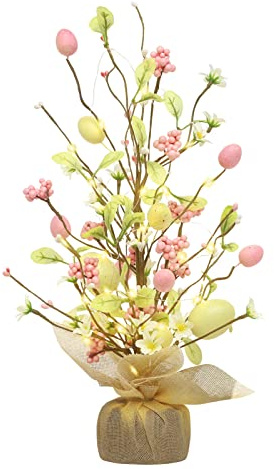 RoseCraft Easter Decorations, 18 Inch Pre-Lit Easter Egg Tree Tabletop Decor with Delicate Ornaments, for Home Party Wedding Holiday Spring Summer Decoration, Yellow/Pink.