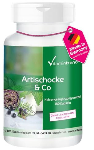 Artischocke-Komplex - 180 Kapseln für 2 Monate - 2,5% Cynarin, mit Brennnessel-Extrakt und Wacholderbeere - Vegan | Vitamintrend®