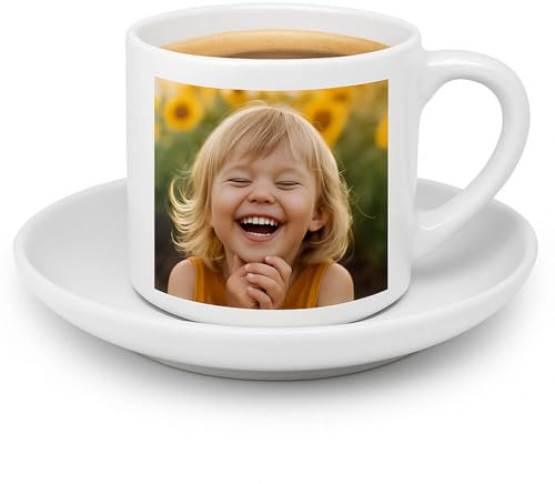 Personalisierte Espressotasse mit Foto – Weiße Kaffeetasse aus Keramik mit Untertasse – Farbdruck auf individuell gestaltbarer Tasse