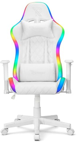 Ranqer Halo RGB Gaming Stuhl Mit LED Beleuchtung, Verstellbarer Rückenlehne 180°, Abnehmbaren Kissen, Ergonomisch, Nylon Basis, Diamantmuster, Powerbank Tasche, Komfort Für Gamer, Weiß