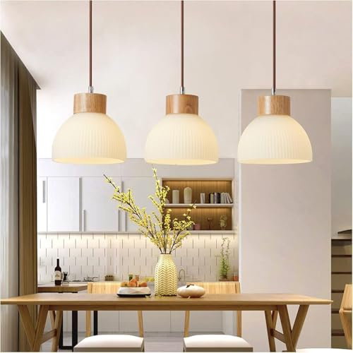 Azanaz Moderne Industrial Pendelleuchte 3-flammig aus Holz mit Glas-Dekor, verstellbares Kabel E27 Hängeleuchte für Wohnzimmer, Esszimmer, Büro & Hotel